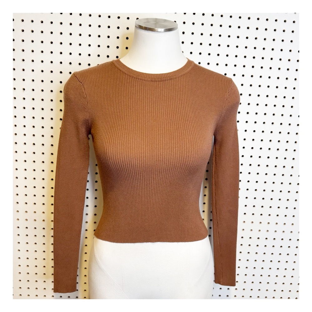 ZARA | Ribbed Tan Brown Long‎ Sleeve Top, Cropped Length Sz. S